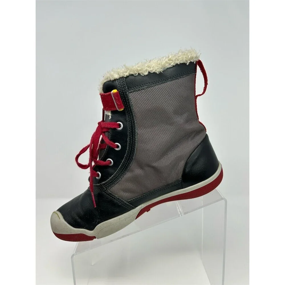 PLAE Noel Winter Snow Boots Unisex Kids Black Red Waterproof Faux Fur Size 4.5